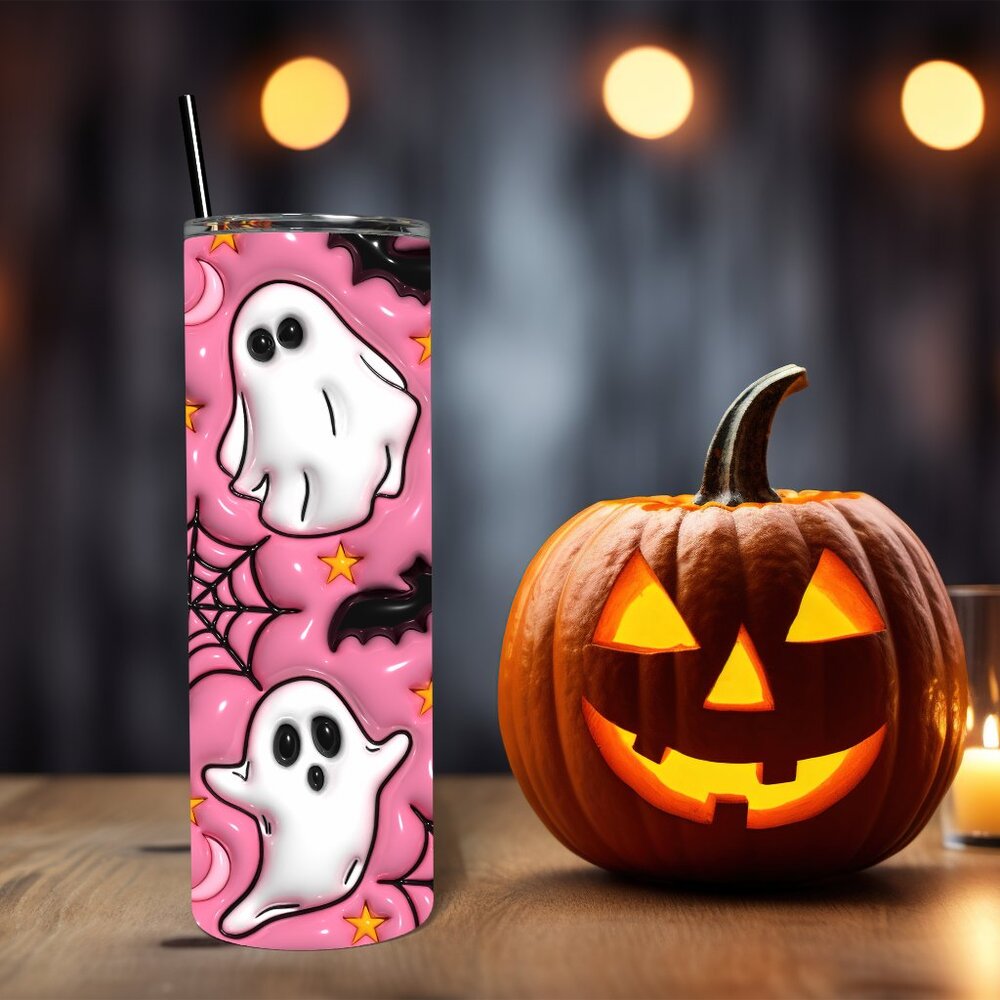 Pink Halloween 3D Ghost 20 Oz Skinny Straight Tumbler - Picture 3 of 5